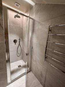 een douche met een glazen deur in de badkamer bij Vila Ambasada in Šventoji