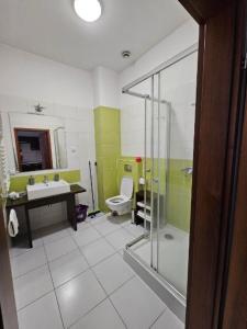 a bathroom with a shower and a toilet and a sink at Apart in Radomsko