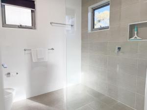 La salle de bains est pourvue d'une douche en verre et de toilettes. dans l'établissement Iron Bark Chalet, à Crackenback