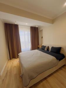 ein Schlafzimmer mit einem großen Bett und einem Fenster in der Unterkunft Loft Aparts in Chişinău