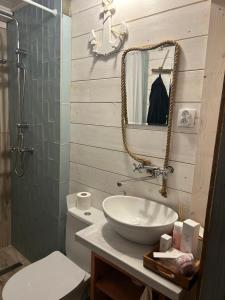La salle de bains est pourvue d'un lavabo et d'un miroir sur les toilettes. dans l'établissement Łąckówka Mazury, à Świętajno