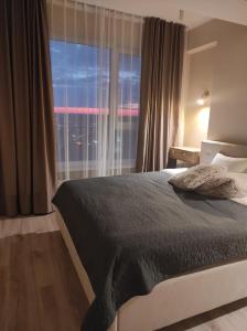 um quarto com uma cama e uma grande janela em Loft Aparts em Chisinau
