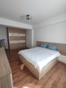 een slaapkamer met een groot wit bed met blauwe kussens bij Brown Aparts in Chişinău