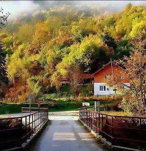 un puente sobre una carretera con una casa en una colina en Turistički kompleks - MONTANA, en Tjentište