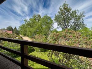 a view from a deck looking out at a yard at Domek nad Jeziorem in Ryn