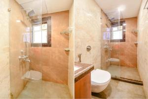 two images of a bathroom with a toilet and a shower at FabHotel Dream World Residency in Kolkata