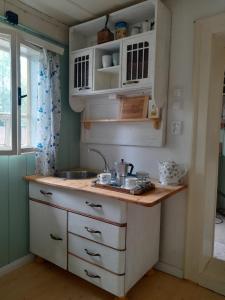 eine Küche mit weißen Schränken, einem Waschbecken und einem Fenster in der Unterkunft Zelený pokoj in Chřibská