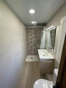 a bathroom with a sink and a toilet and a mirror at Apartament Ca l' Oriol in Guardiola de Berguedà