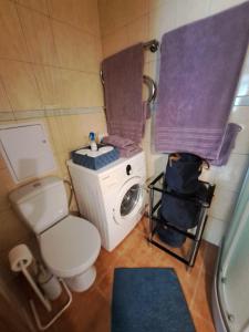 a bathroom with a toilet and a washing machine at Švyturio apartamentai in Klaipėda +16 photos