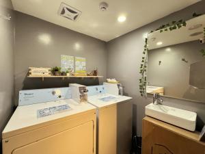 a laundry room with a sink and a mirror at Chaiin Hotel - Dongmen in Taipei