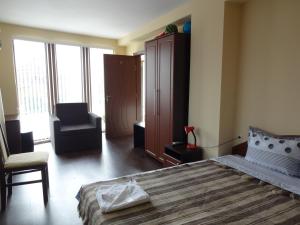 a bedroom with a bed and a chair and a cabinet at Guest House Camellia in Berkovitsa