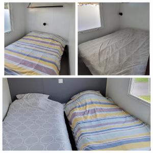 two photos of a bed and a mattress in a room at Mobilhome 6 personnes in Parentis-en-Born