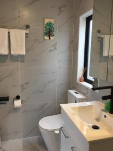 La salle de bains est pourvue de toilettes blanches et d'un lavabo. dans l'établissement West Auckland Delight Stay, à Auckland