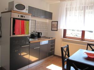 Il comprend une cuisine équipée d'un réfrigérateur en acier inoxydable et d'une table. dans l'établissement Feriendomizil Weinheim, à Gorxheim
