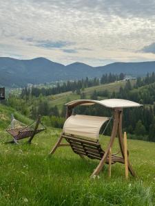 uma cadeira e uma rede num campo de relva em Мелодія Гір .Апартаменти з видом на гори . em Vorokhta