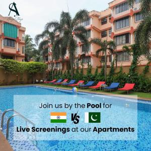 a pool at a resort with the words join us by the pool for live ceremonies at Veeraas Calangute - 2BHK Apartment with Pool in Marmagao