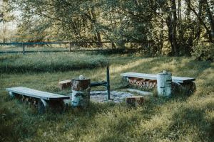dwa stoły piknikowe na polu z trawą i drzewami w obiekcie Treehouse Tučapy w mieście Tučapy