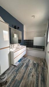 ein leeres Badezimmer mit einem Waschbecken und einem Spiegel in der Unterkunft Maison récente 3 chambres dont 1 suite parentale in Saint-Sauveur-dʼAunis