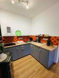 a large kitchen with blue cabinets and wooden floors at Apartmán U Splavu in Teplice nad Metují
