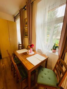 a dining room with a wooden table and a window at Apartmán U Splavu in Teplice nad Metují