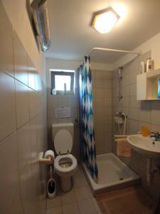 a small bathroom with a toilet and a sink at Apartman Tri palme in Gabonjin