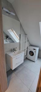 uma casa de banho com um lavatório e uma máquina de lavar roupa em Apartament Triventi Karpacz em Karpacz