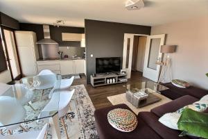 a living room with a couch and a tv at ANNEMASSE - VICTORIA Centre ville, Grand T2 avec Terrasse in Annemasse