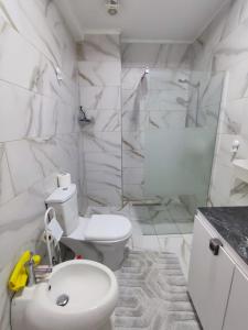 a bathroom with a toilet and a shower and a sink at Seaside Apartment Plazhi vjeter in Vlorë