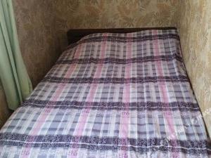 a bed with a plaid blanket on top of it at "Cherry House" is Direct to Narita,Haneda AP, Disney, Asakusa, Skytree Tower, Tokyo in Matsudo
