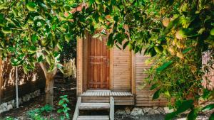 a wooden door with a bench and a tree at Sheriff, Olympos in Kumluca