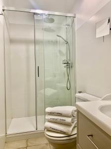 a white bathroom with a shower and towels at Apartamentos Los Patios de la Judería in Córdoba