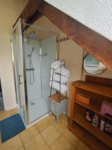 W łazience znajduje się prysznic ze szklanymi drzwiami. w obiekcie Chestnut w mieście Langoëlan