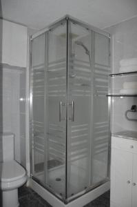 La salle de bains est pourvue d'une douche en verre et de toilettes. dans l'établissement Apartamento Boutique Hirta, à Peñíscola