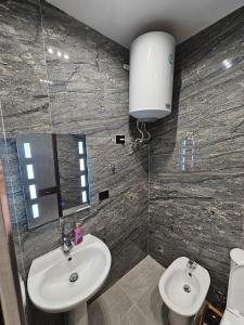 a bathroom with a sink and a toilet and a mirror at Tirana Daily Rental Apartments 3 in Tirana +23 photos