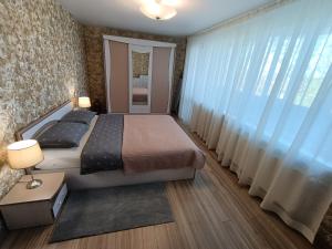 een slaapkamer met een bed en een groot raam bij Apartamentai Šviesa 2 in Palanga