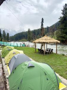 a row of tents in a field next to a river at The woodswalk Treks and tours in Pahalgām