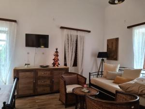 a living room with a couch and a table at Kamares Stone House 2 in Gerolimenas