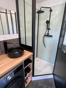 La salle de bains est pourvue d'un lave-linge et d'une douche. dans l'établissement Studio Berck , proche plage , phare , centre ville, à Berck-sur-Mer