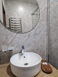 uma casa de banho com um lavatório branco e um espelho. em Villa Debryanets em Rozhanka Nizhnyaya