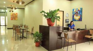 une femme assise au comptoir dans une salle d'attente dans l'établissement Filigans Hotel, à Puerto Princesa
