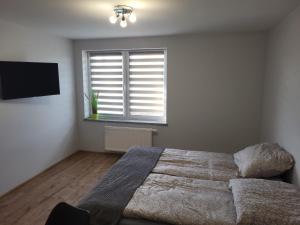 ein Schlafzimmer mit einem großen Bett und einem Fenster in der Unterkunft ApartHotel2 in Bystrzyca Kłodzka