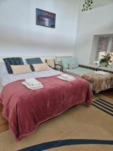 una camera da letto con un grande letto con asciugamani di Habitaciones Casa Santander Playa Valdenoja a Santander