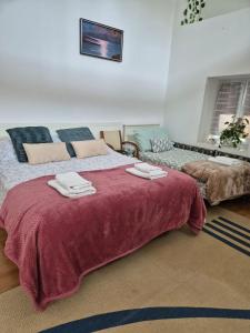 sypialnia z dużym łóżkiem i ręcznikami na nim w obiekcie Habitaciones Casa Santander Playa Valdenoja w mieście Santander