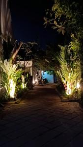 un cortile di notte con piante e luci di Rahma Guest House 2 a Canggu