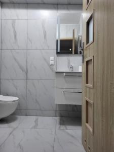 La salle de bains blanche est pourvue de toilettes et d'un lavabo. dans l'établissement ApartHotel2, à Bystrzyca Kłodzka