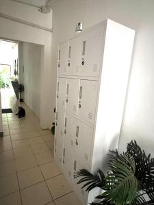 Phra Ae beach的住宿－Happiness Hostel，走廊上种植植物的储物柜