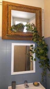 un espejo encima de un lavabo con una planta en Gite du Manoir des Anoteux en Carneville