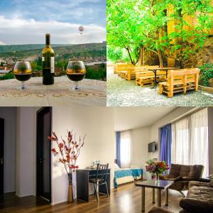 a collage of pictures of a room with a bottle of wine at AIA Hotel in Tbilisi City