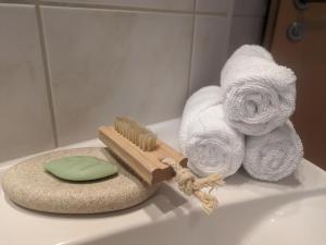 a brush and towels sitting on a bathroom sink at Ferienwohnung Elisabeth in Bischofswiesen +9 photos