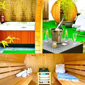 a collage of photos with a hot tub and a table at Schacht85 in Oberhausen